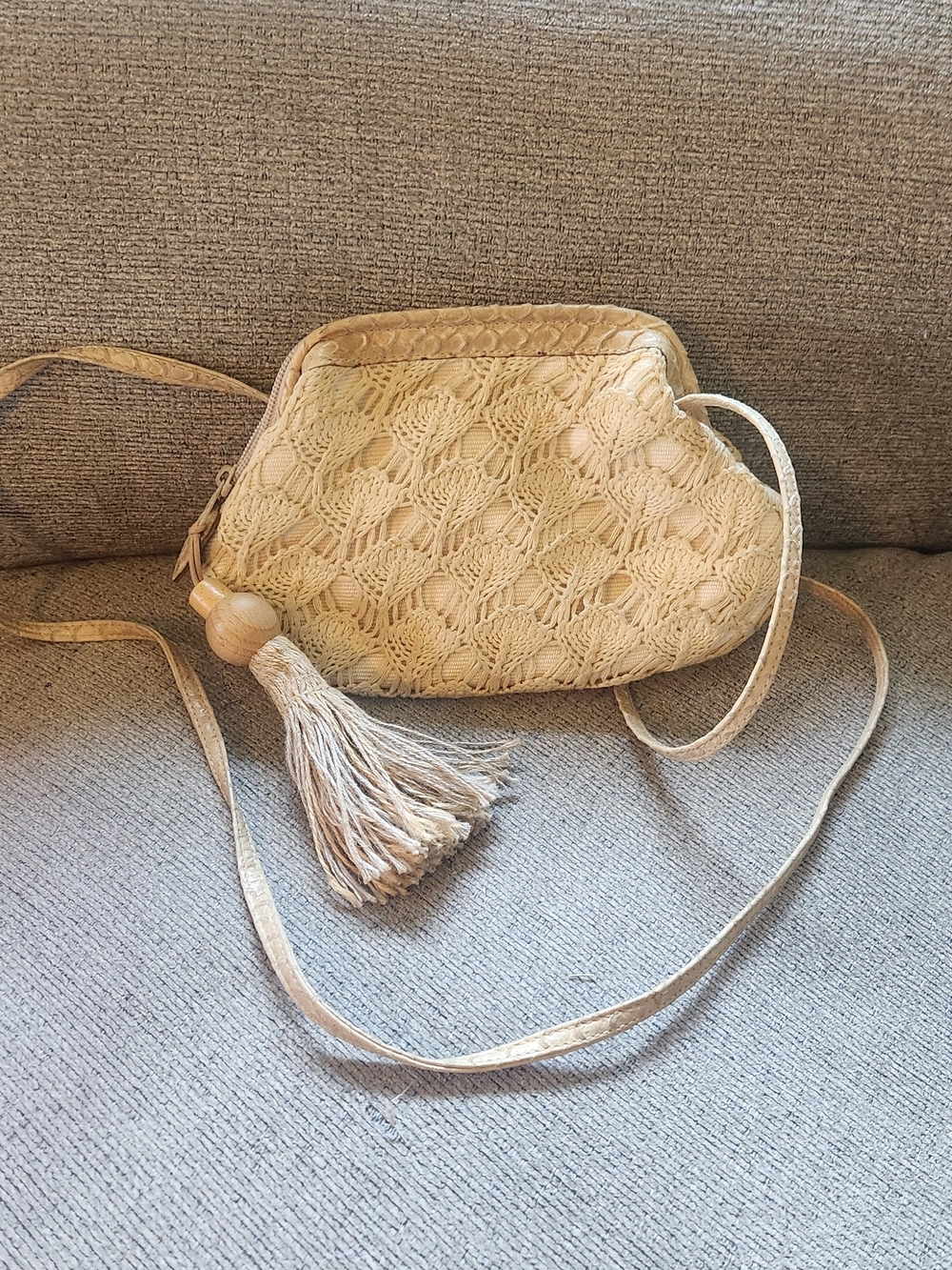 Made in Italy Genuine Leather Crochet Crossbody Purse Boho Cream Vintage